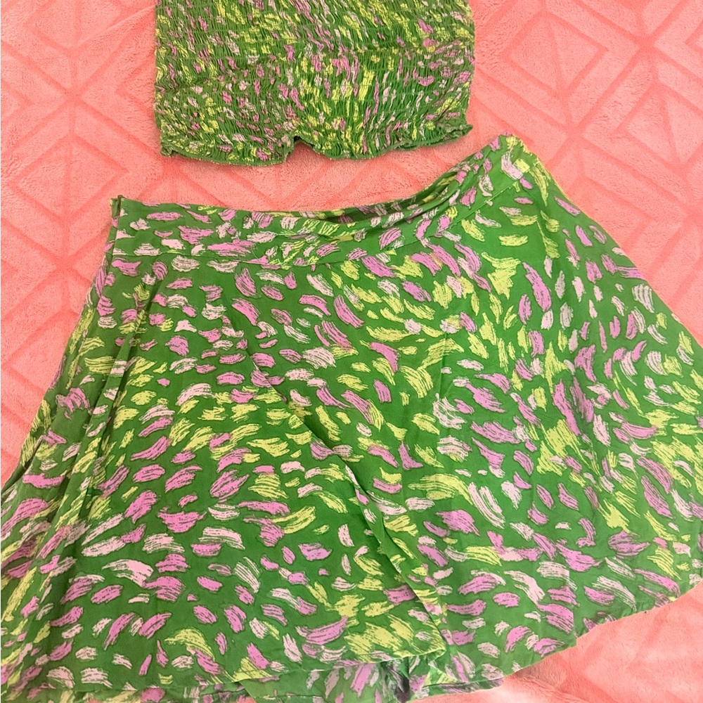 Green and Brown Skater Mini Skirt Set for Resort Wear